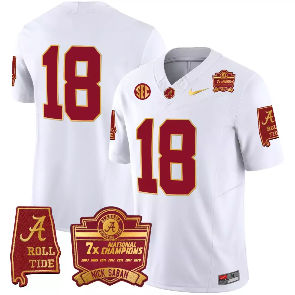 18 champs white youths alabama crimson tide nick saban 7x champions patch gold trim jersey all stitched