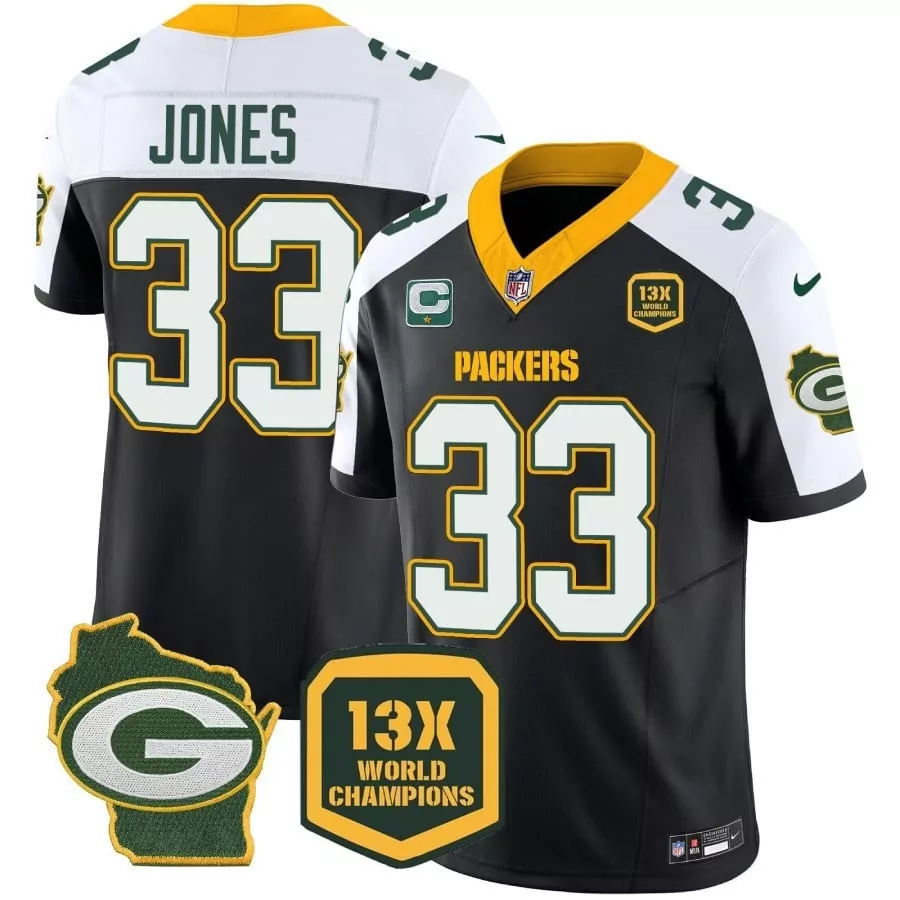 Aaron Jones Black Alternate Green Bay Packers 13 Time World Champions Home Patch Vapor Jersey | Stitched | Fan Gear | For Men, Women & Youth