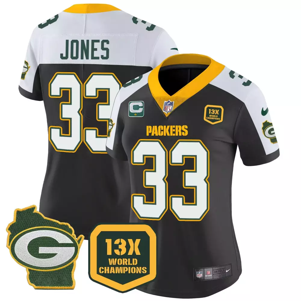 Aaron Jones Black Alternate Women's Green Bay Packers 13 Time World Champions Home Patch Vapor Jersey | Stitched | Fan Gear | For Women, Men & Youth