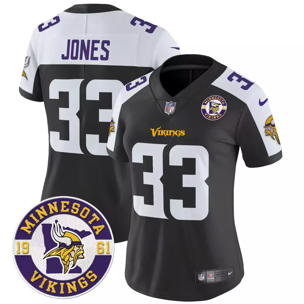 aaron jones black alternate womens minnesota vikings 2024 vapor limited jersey v2 est 1961 patch all stitched