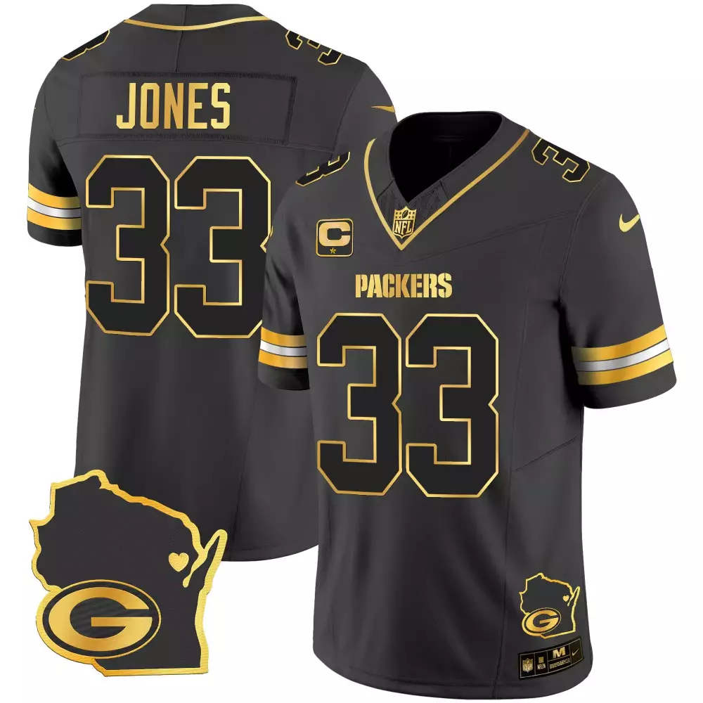 Aaron Jones Black Gold Men's Green Bay Packers Home Patch Gold Vapor Jersey V2 | Stitched | Fan Gear | For Men, Women & Youth