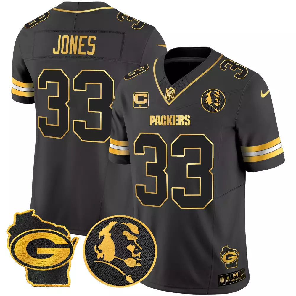 Aaron Jones Black Gold Men's Green Bay Packers Home Patch Gold Vapor Jersey V2 | Stitched | Fan Gear | For Men, Women & Youth