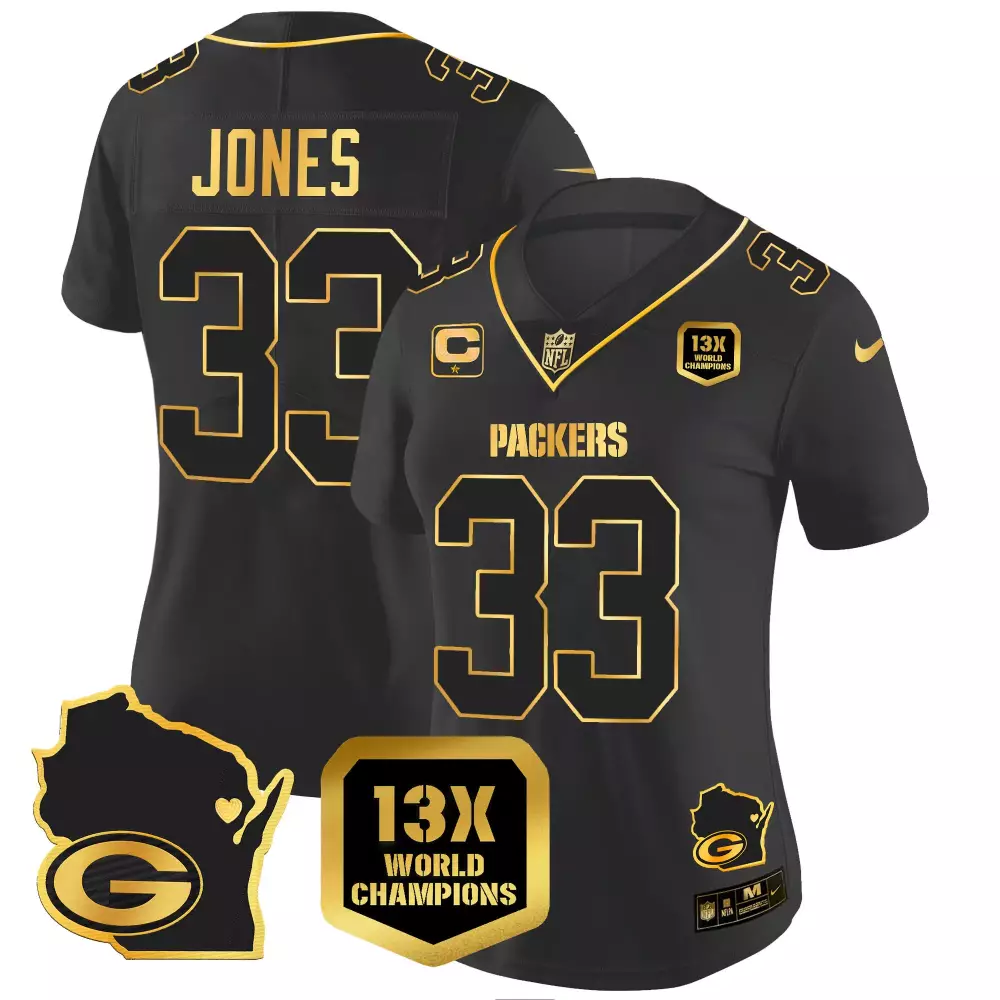 Aaron Jones Black Gold Men's Green Bay Packers Home Patch Gold Vapor Jersey V2 | Stitched | Fan Gear | For Men, Women & Youth