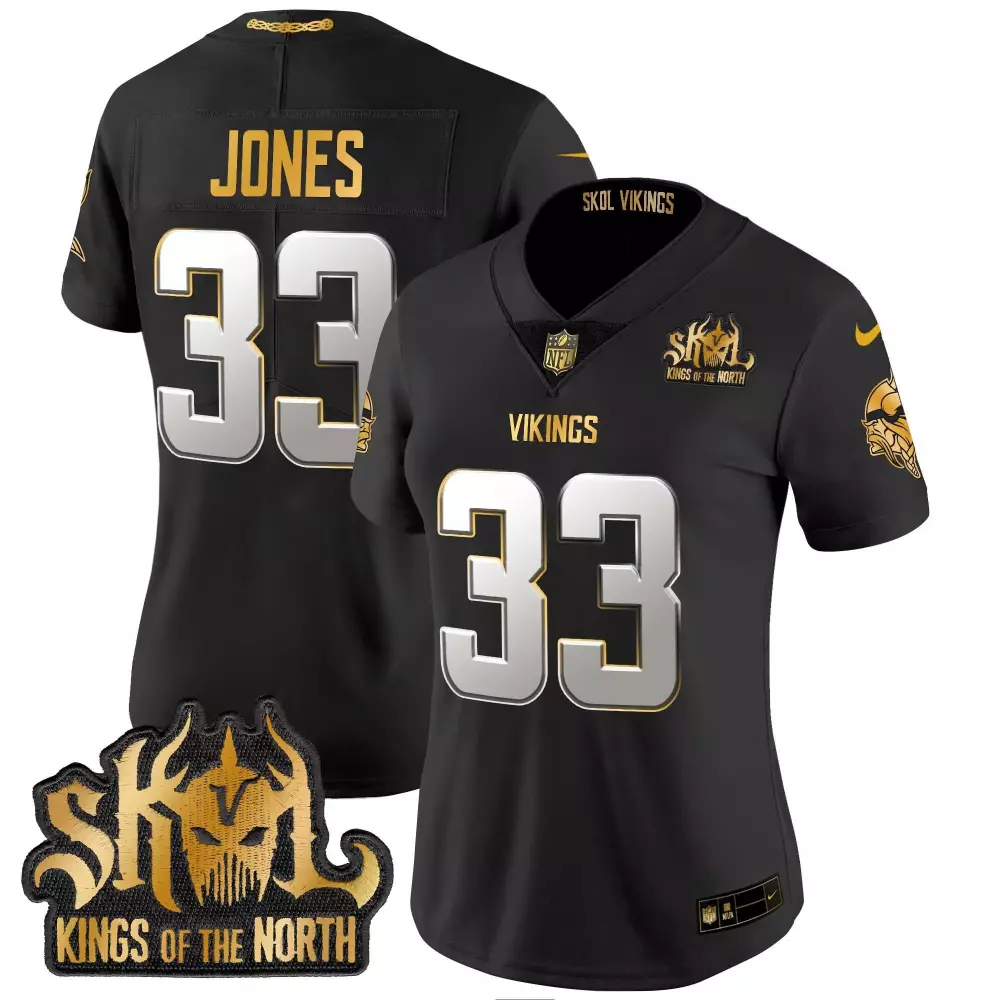 aaron jones black limited womens vikings 2024 winter warrior skol patch gold vapor limited jersey all stitched