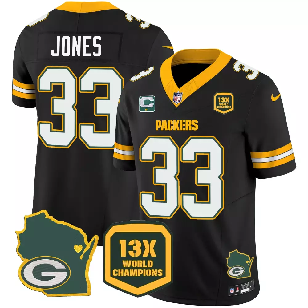 Aaron Jones Green Bay Packers Black Men's Jersey | 13 Time World Champions Home Patch V2 | Vapor Stitched Fan Gear | For Men, Women & Youth