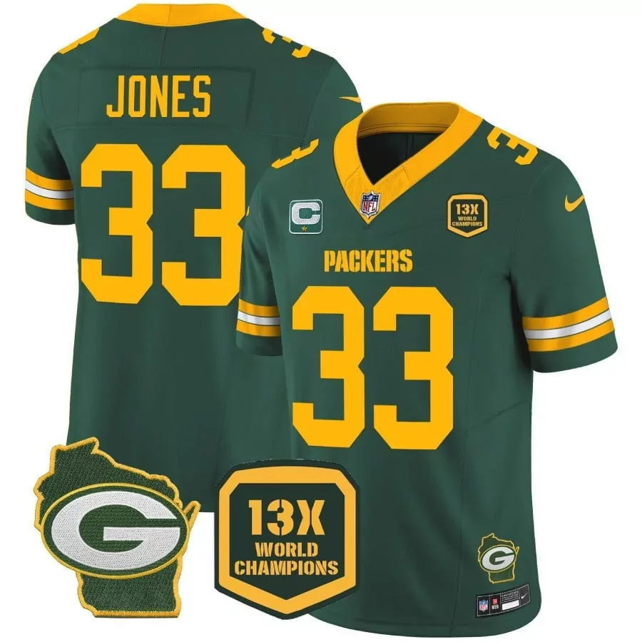Aaron Jones Green Bay Packers Green Men's Jersey | 13 Time World Champions Home Patch | Vapor Stitched Fan Gear | For Men, Women & Youth