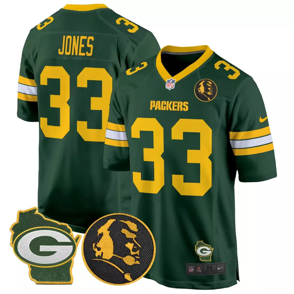 Aaron Jones Green Bay Packers Green Men's Jersey | John Madden Home Patch Game Jersey | Stitched Fan Gear | For Men, Women & Youth
