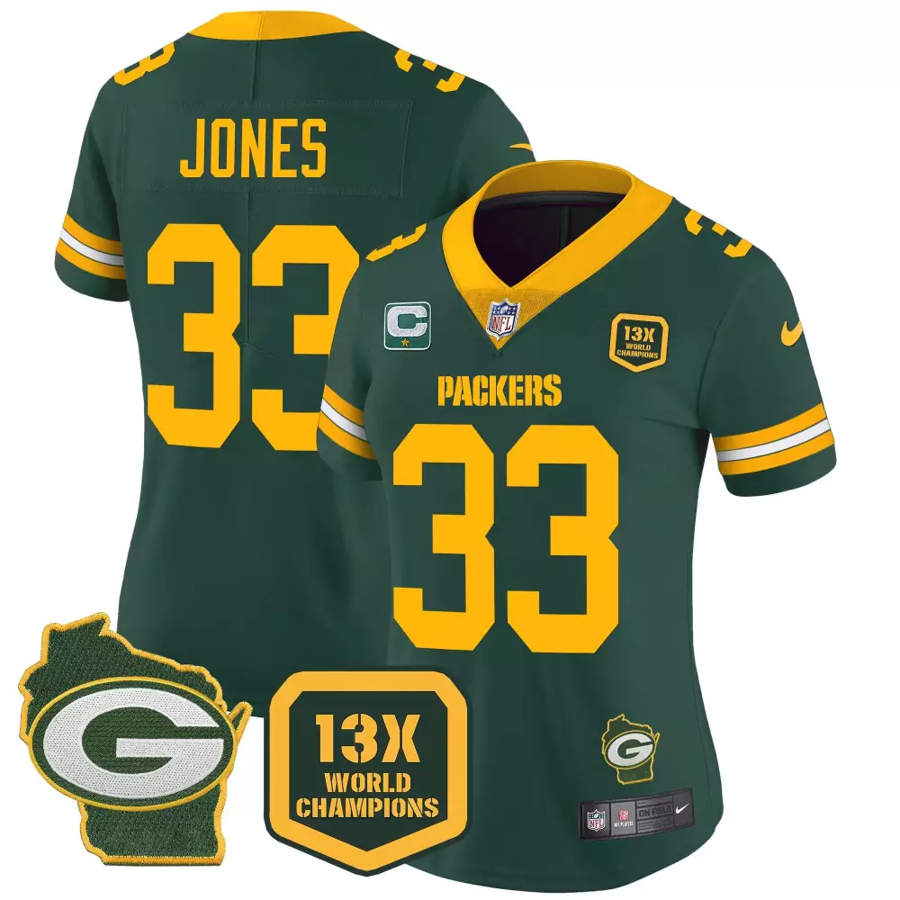 aaron jones green womens green bay packers 13 time world champions home patch vapor jersey all stitched