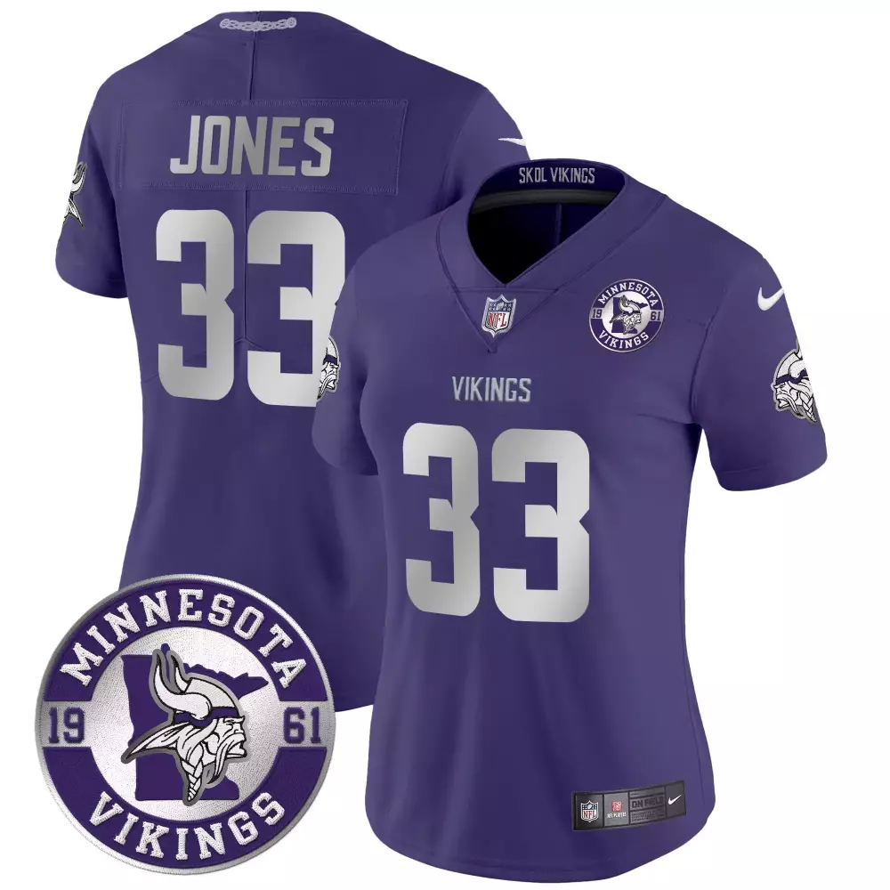 aaron jones purple womens minnesota vikings 2024 vapor limited jersey est 1961 patch all stitched