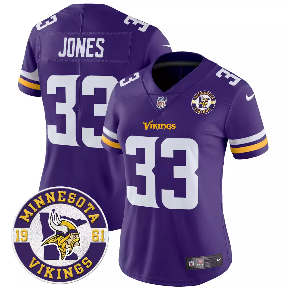 aaron jones purple womens minnesota vikings 2024 vapor limited jersey est 1961 patch all stitched