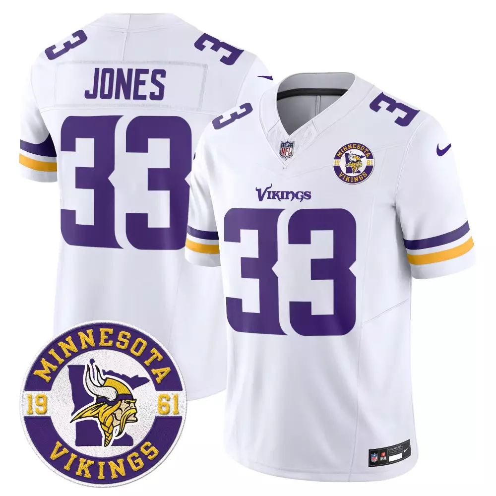 aaron jones white mens minnesota vikings 2024 vapor limited jersey v2 est 1961 patch all stitched