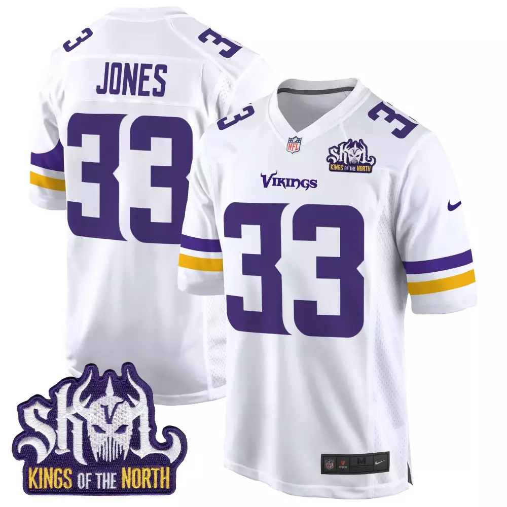 aaron jones white mens minnesota vikings king of the north patch game jersey all stitched