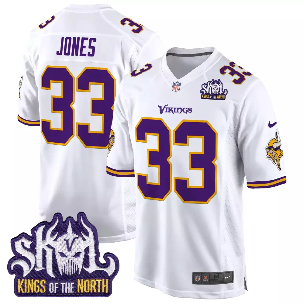 aaron jones white mens minnesota vikings king of the north patch game jersey all stitched