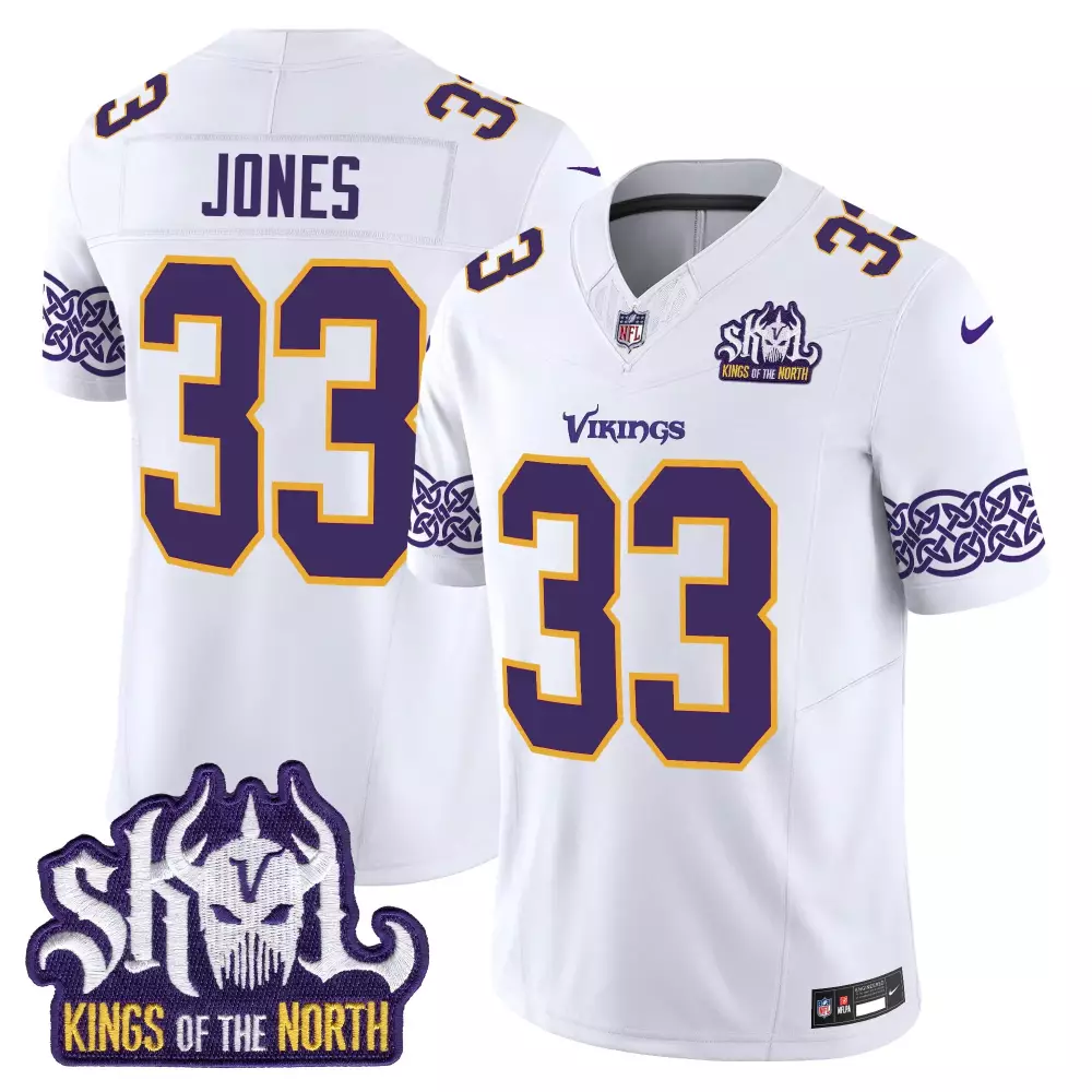 aaron jones white mens minnesota vikings king of the north patch game jersey all stitched