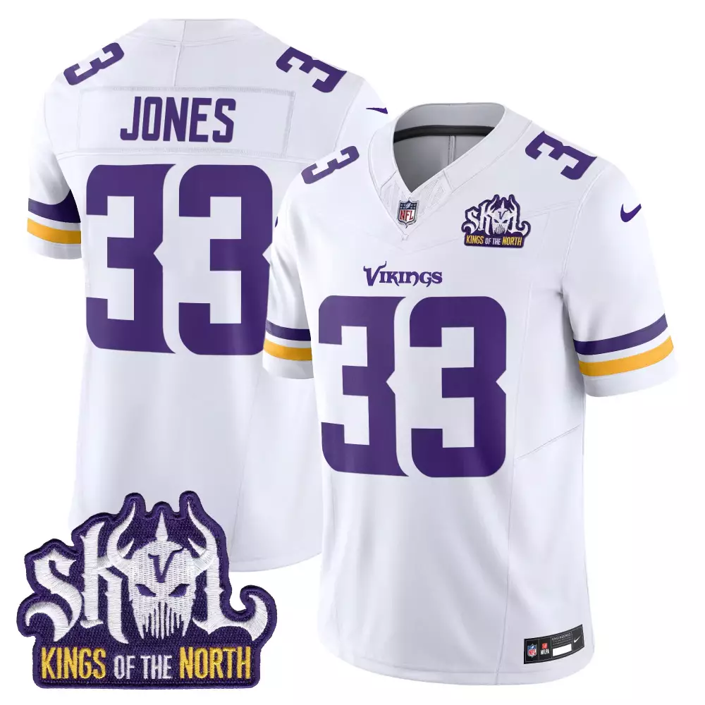 aaron jones white mens minnesota vikings king of the north patch game jersey all stitched
