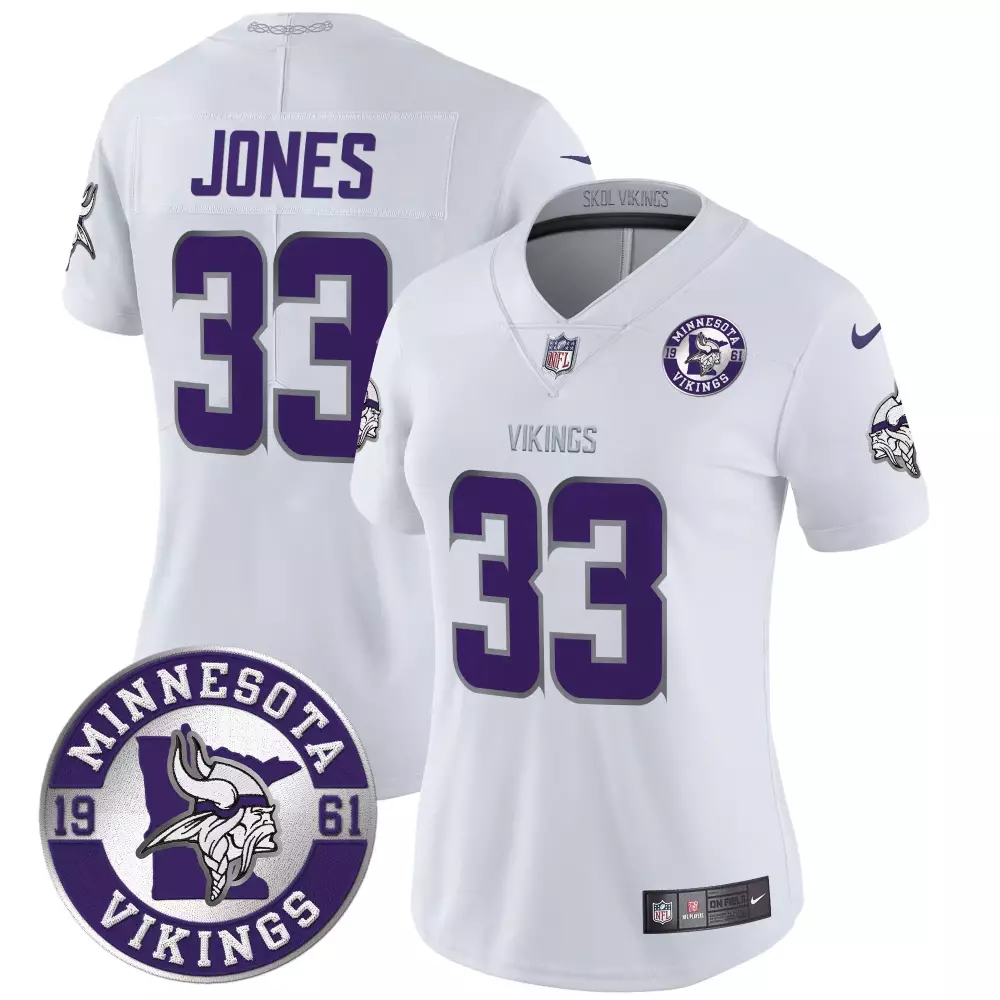 aaron jones winter warrior womens minnesota vikings 2024 vapor limited jersey v2 est 1961 patch all stitched