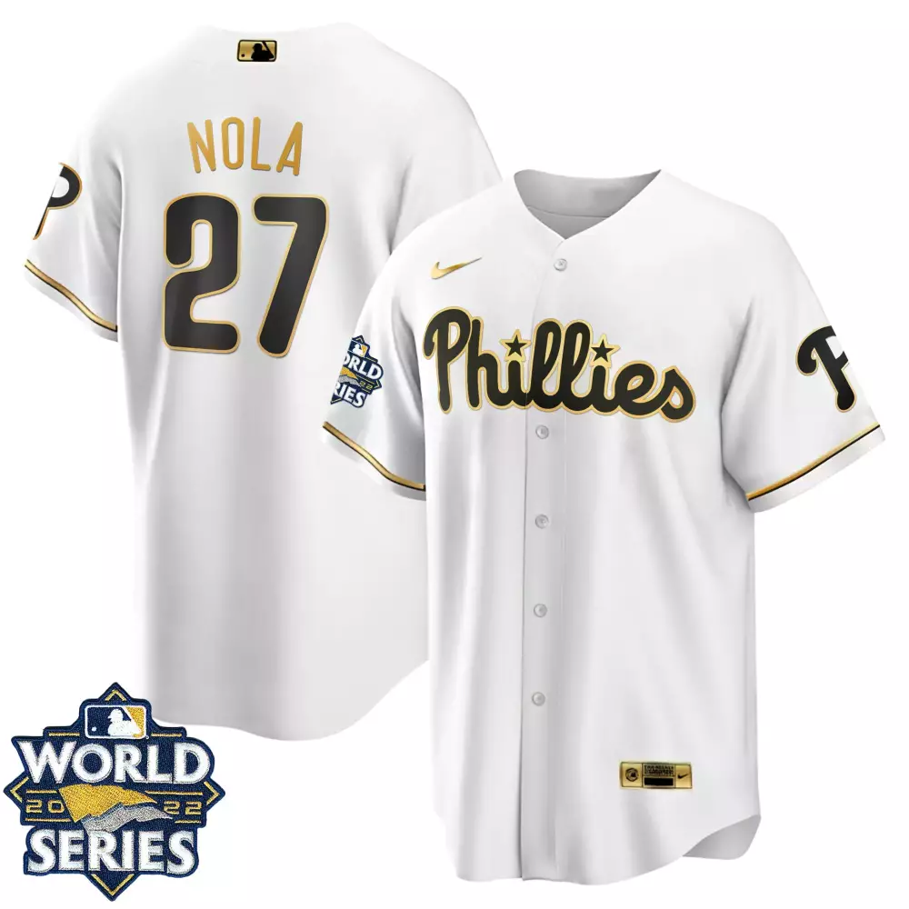 aaron nola cool home youths philadelphia phillies gold 2022 world series jersey limited all stitched