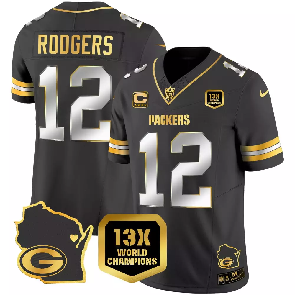 aaron rodgers black limited mens green bay packers 13 time world champions home patch gold vapor jersey v2 all stitched