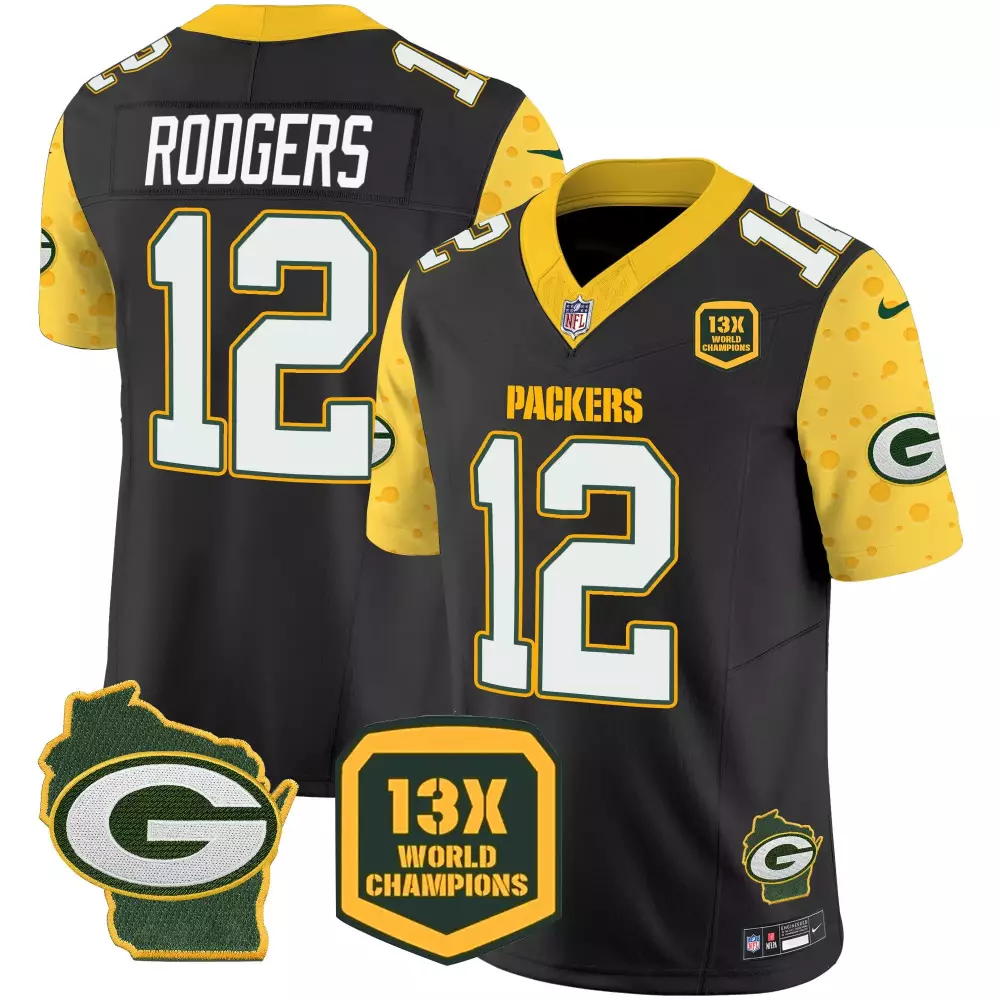 Aaron Rodgers Green Bay Packers Black Gold Name Patch Jersey | 100th Season | Stitched Style for Men | For Men, Women & Youth