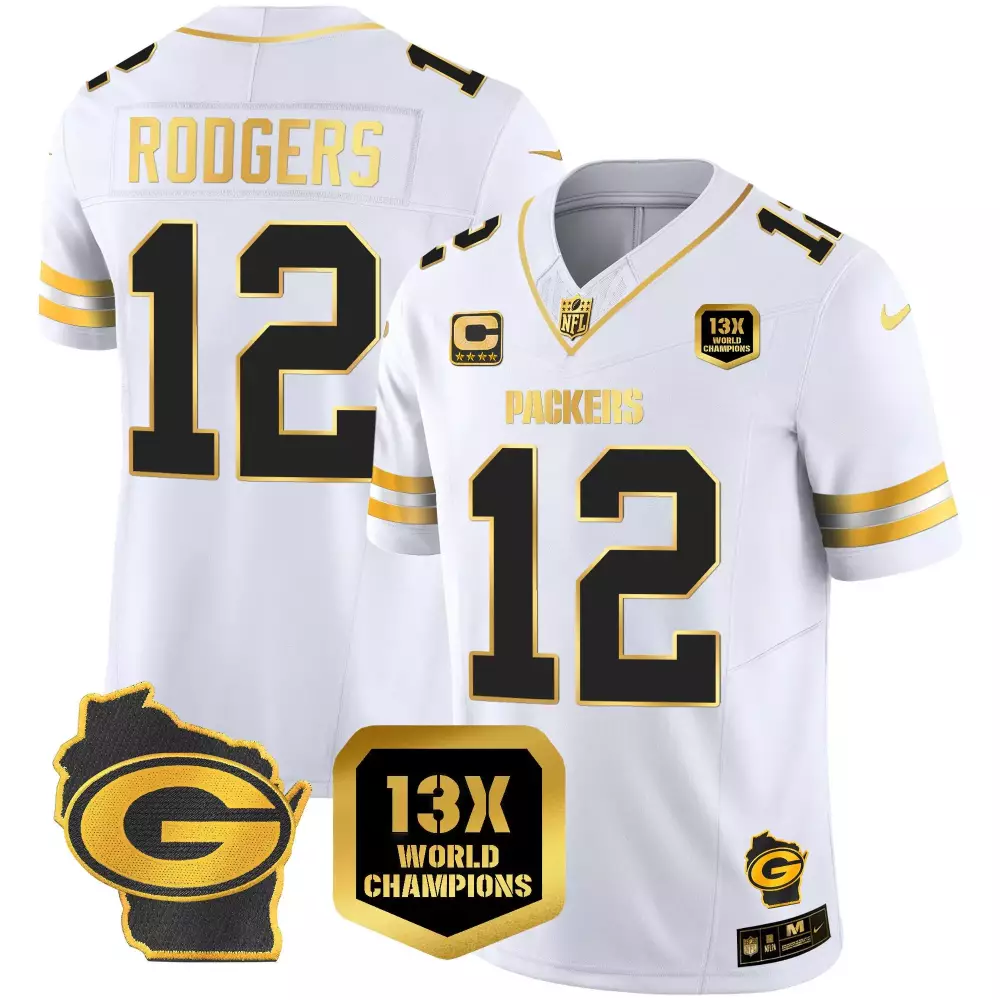 aaron rodgers white gold mens green bay packers 13 time world champions home patch gold vapor jersey all stitched