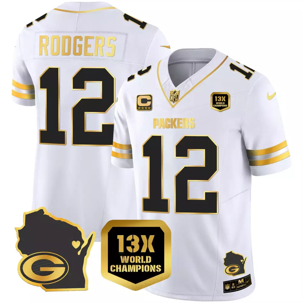 aaron rodgers white gold mens green bay packers 13 time world champions home patch gold vapor jersey all stitched
