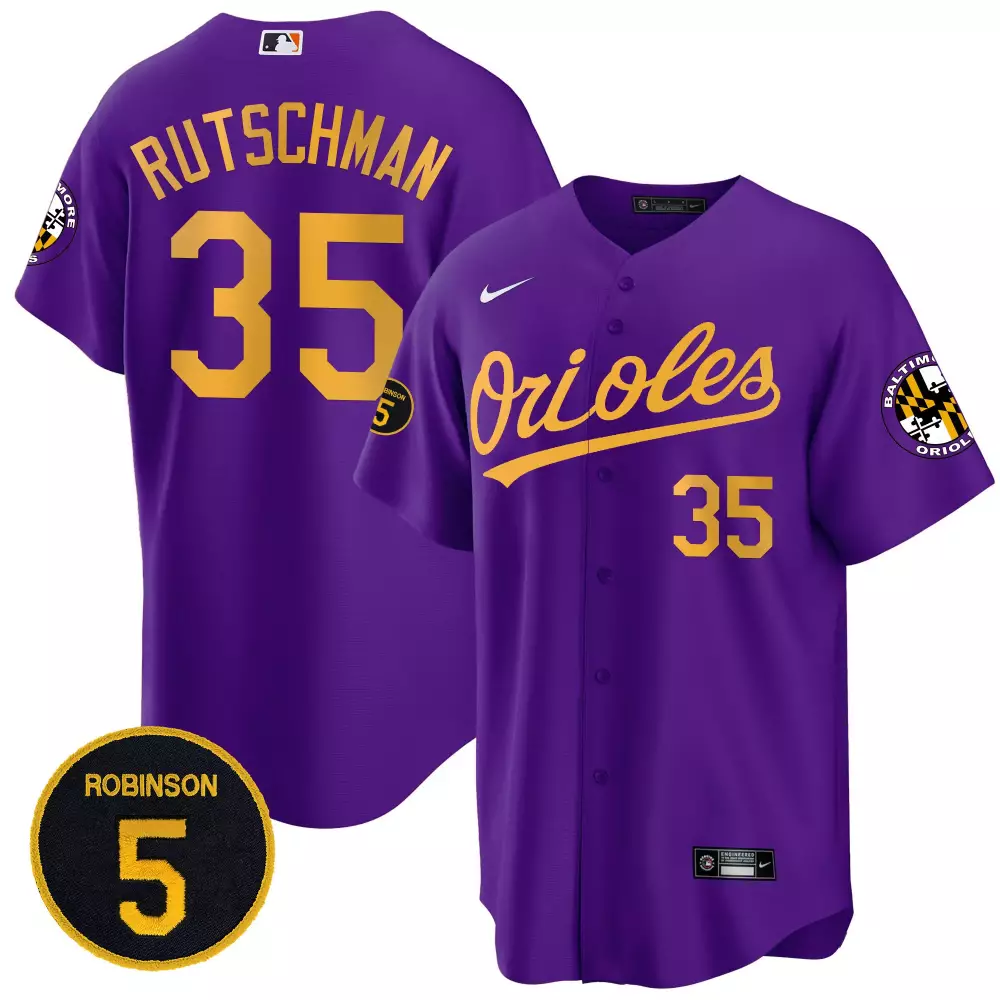 Adley Rutschman Baltimore Orioles Robinson Patch Purple Gold Jersey | Cool Base Stitched | For Men, Women & Youth