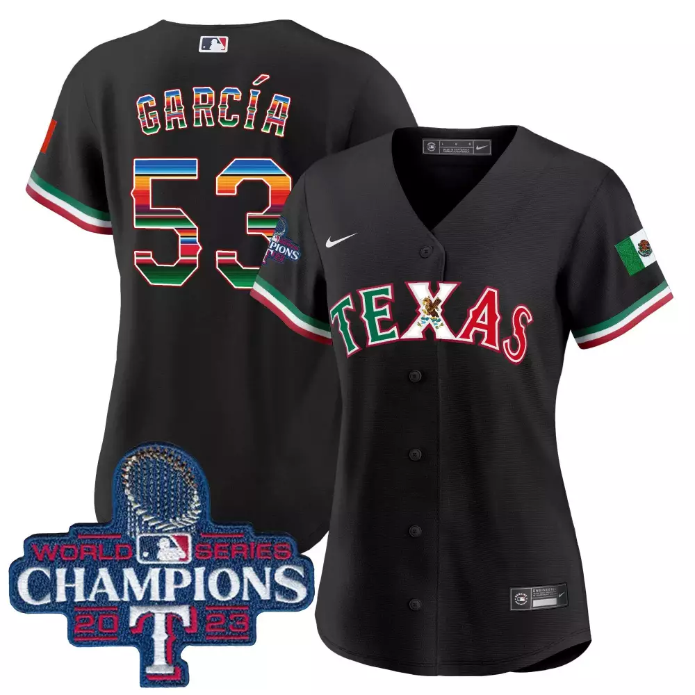 adolis garcia black womens texas rangers mexico 2023 world series champions baseball jersey v2 all stitched