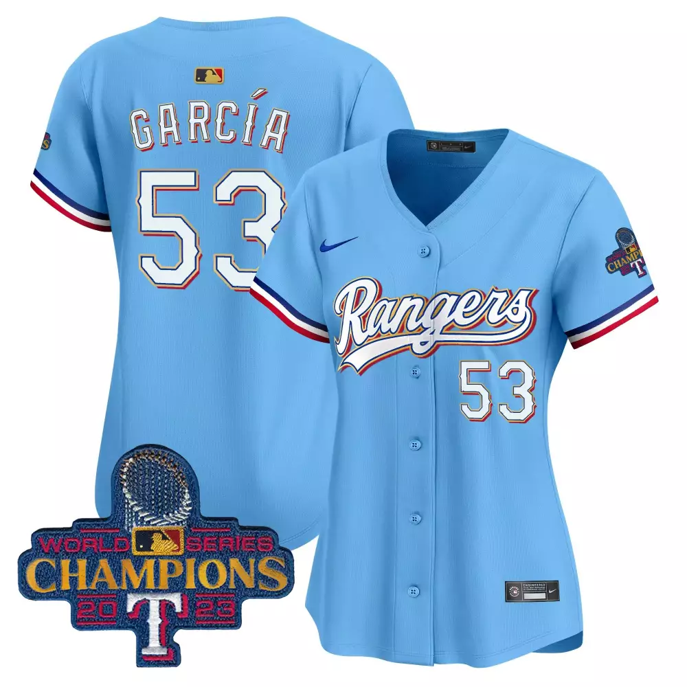 adolis garcia blue womens texas rangers 2023 world series champions gold trim vapor premier limited jersey all stitched
