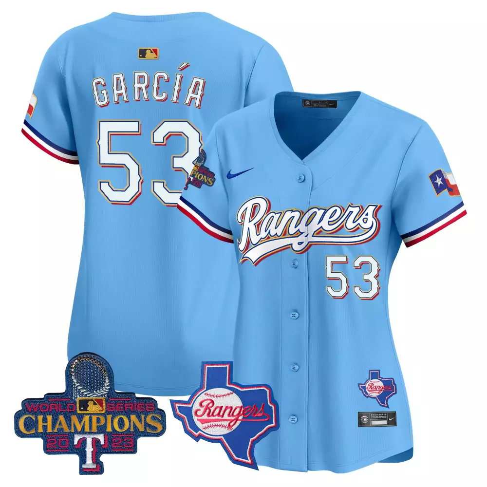 adolis garcia blue womens texas rangers 2023 world series champions gold trim vapor premier limited jersey all stitched