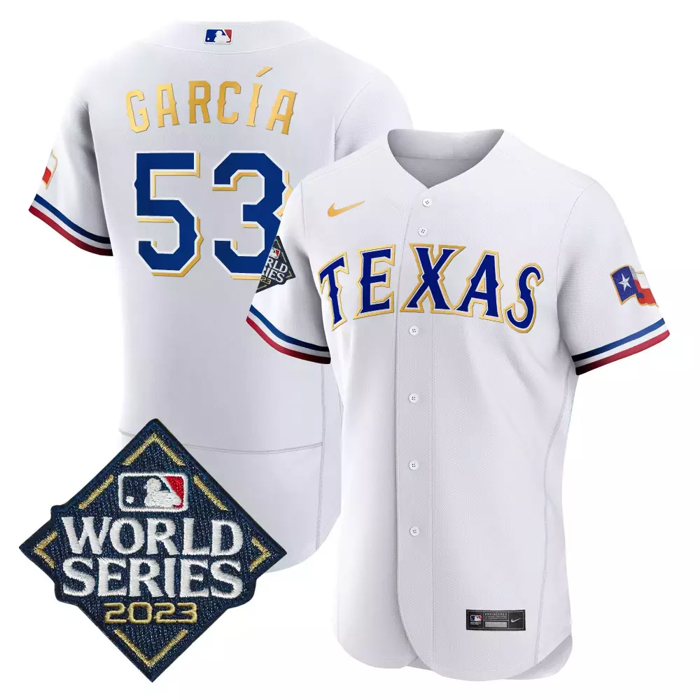 adolis garcia white mens texas rangers 2023 world series flex base gold trim jersey all stitched