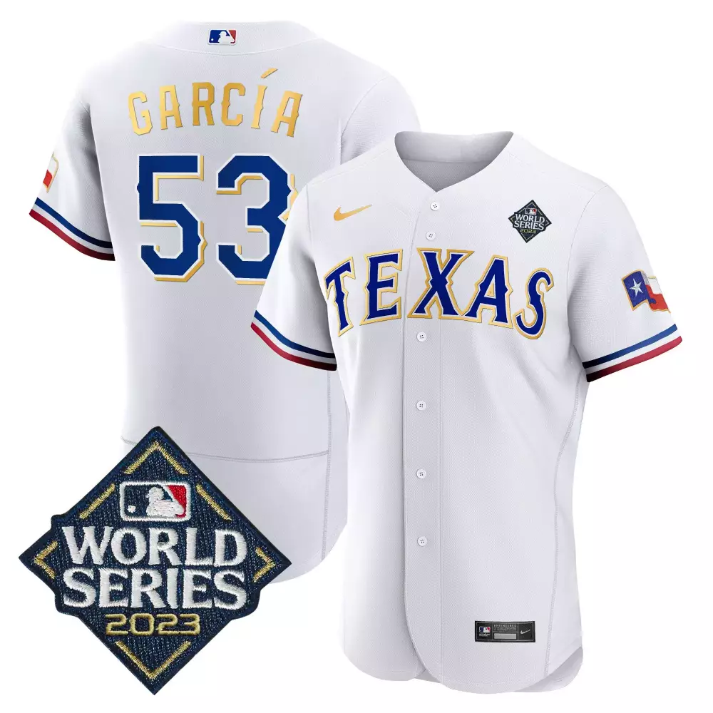 adolis garcia white mens texas rangers 2023 world series flex base gold trim jersey all stitched