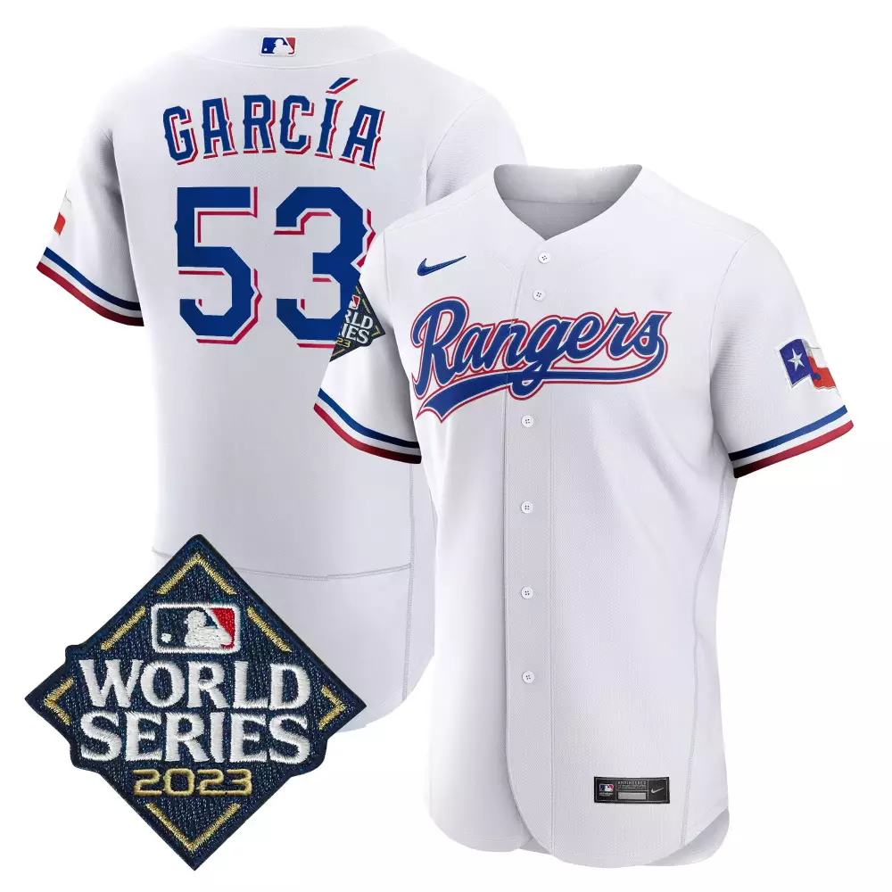 adolis garcia white mens texas rangers 2023 world series flex base gold trim jersey all stitched