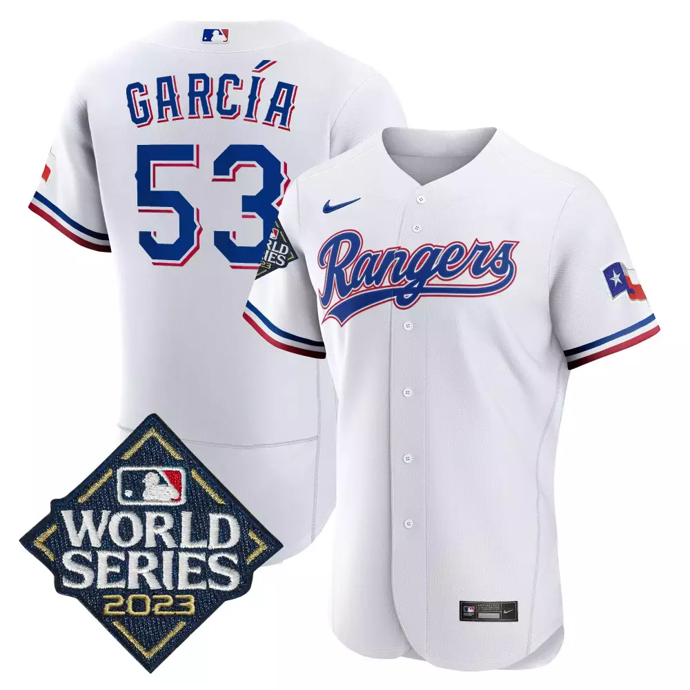 adolis garcia white mens texas rangers 2023 world series flex base gold trim jersey all stitched