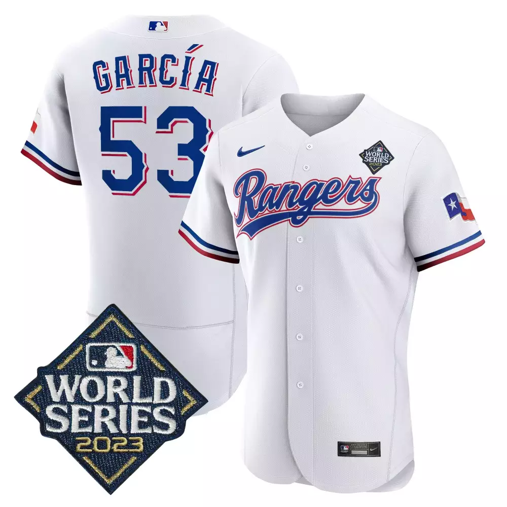 adolis garcia white mens texas rangers 2023 world series flex base gold trim jersey all stitched