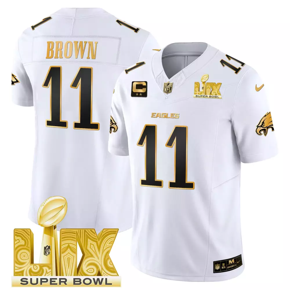aj brown white gold mens philadelphia eagles super bowl lix patch gold vapor limited jersey all stitched
