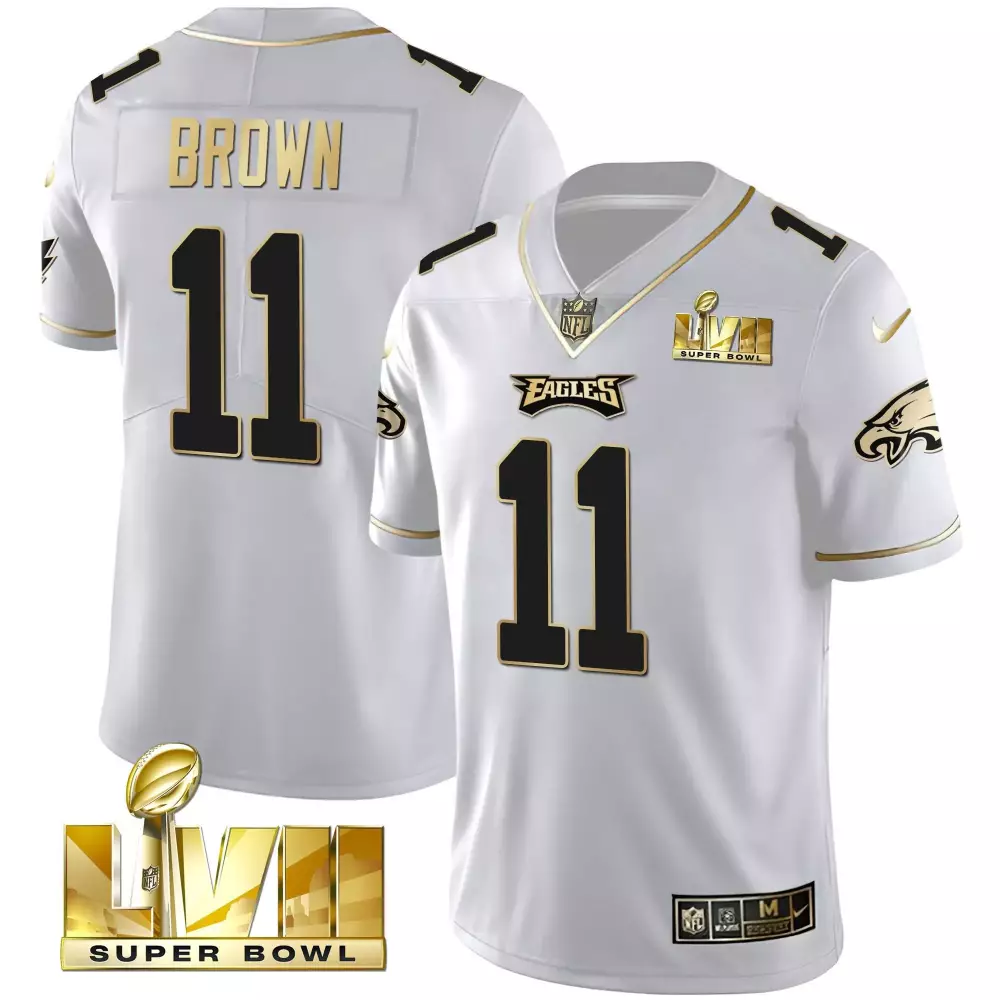 aj brown white gold mens philadelphia eagles super bowl lix patch gold vapor limited jersey all stitched