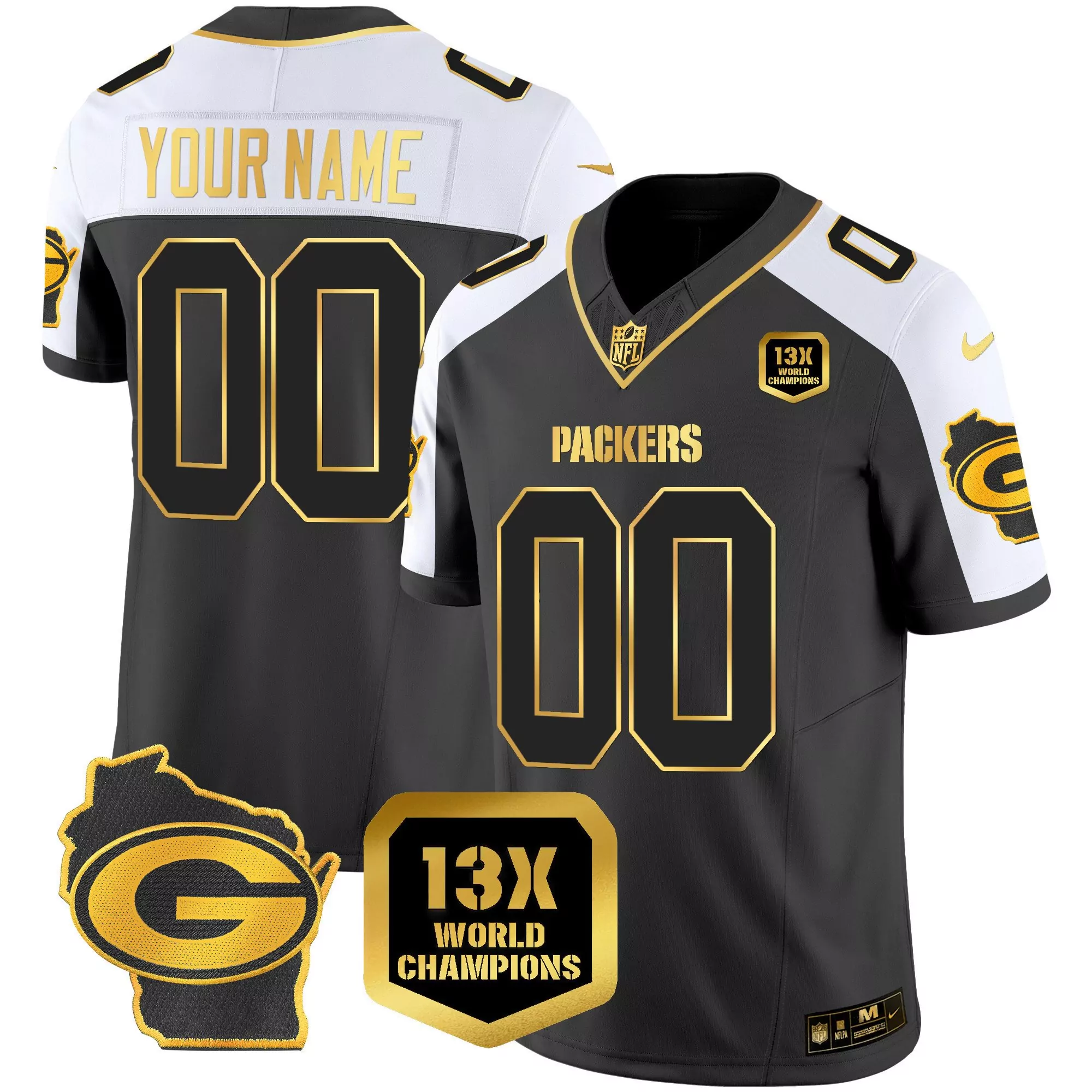 alternate men green bay packers 13 time world champions home patch gold vapor custom jersey all stitched