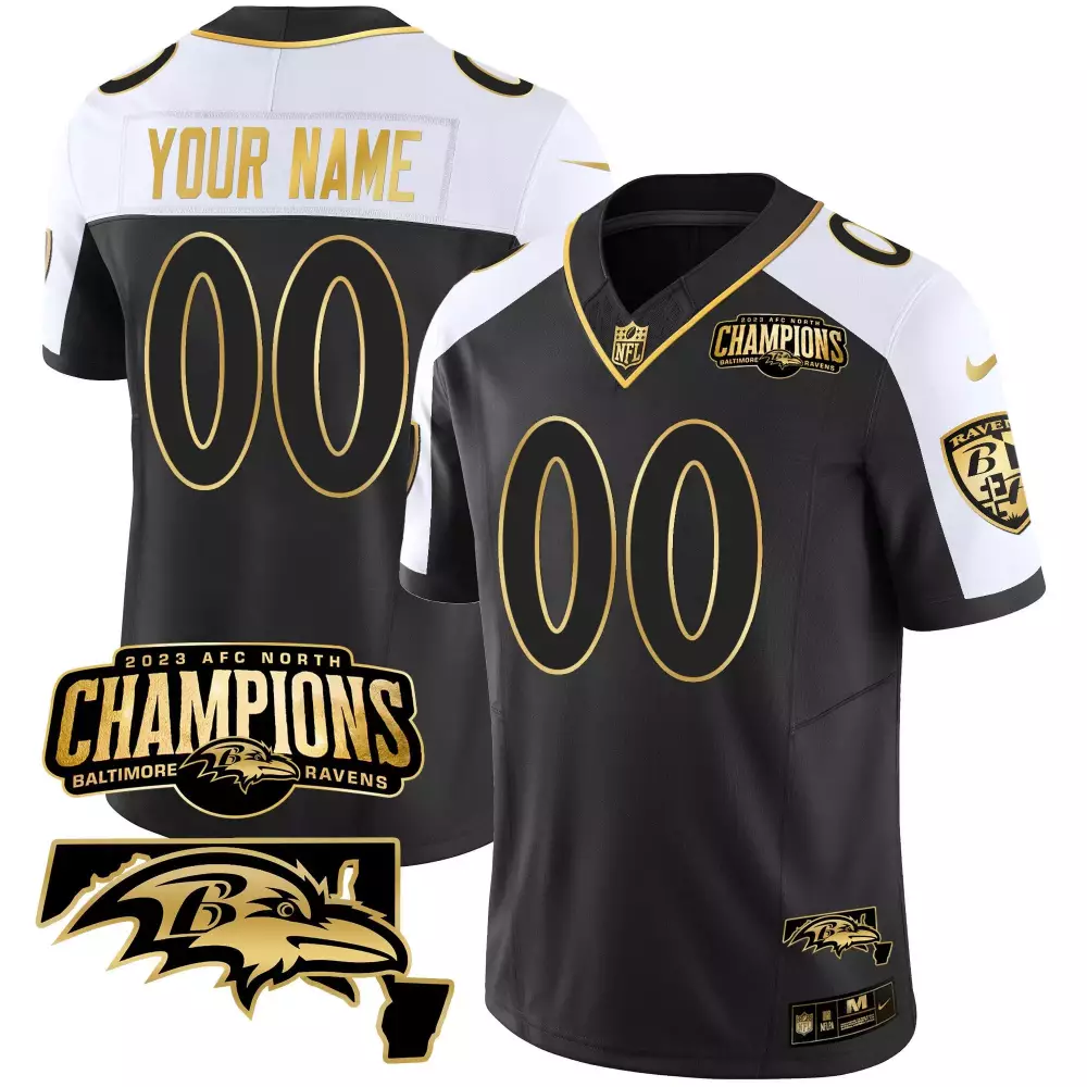 Baltimore Ravens 2023 AFC North Champions Maryland Patch Gold Vapor Custom Jersey | Stitched Fan Gear for Youth