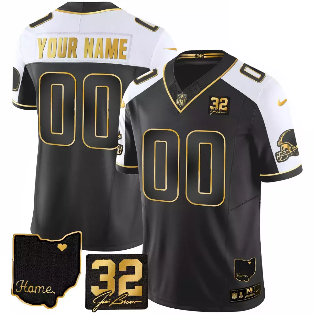 alternate youth cleveland browns 32 jim brown memorial home patch gold custom jersey all stitched