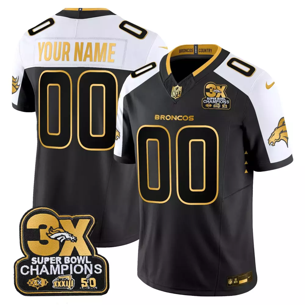 Denver Broncos 3-Time Champions Patch Gold Vapor Limited Custom Jersey | Stitched | For Youth | For Men, Women & Youth