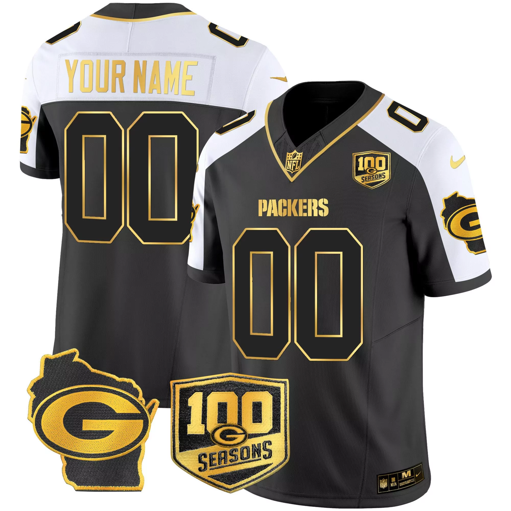alternate youth green bay packers 100th season home patch gold vapor limited custom jersey all stitched