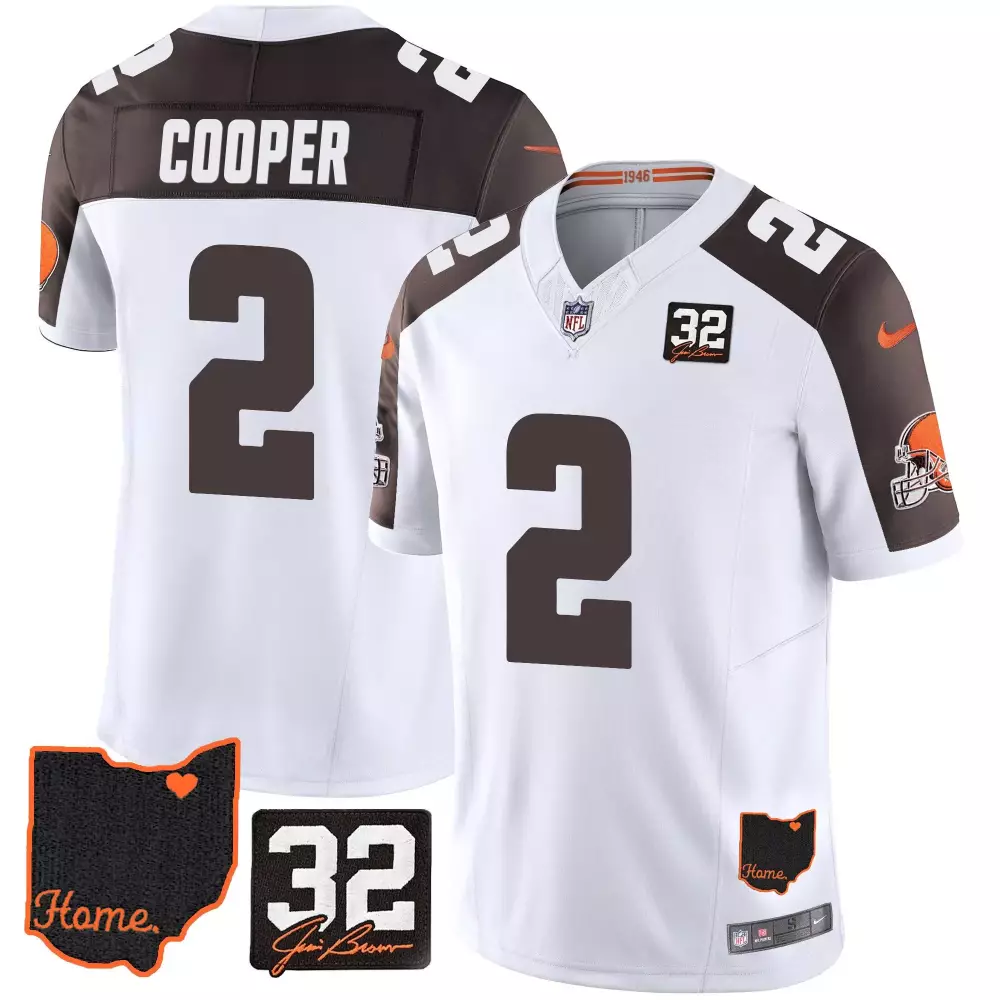 Amari Cooper Cleveland Browns Inverted 32 Jim Brown Memorial Home Patch Jersey V3 | Stitched | Limited Edition Fan Gear | For Men, Women & Youth