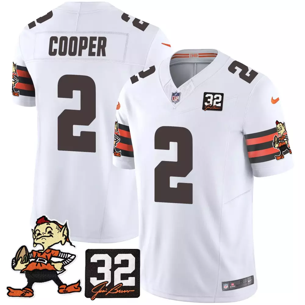 Amari Cooper Cleveland Browns 32 Jim Brown Memorial Patch Vapor Limited Jersey V2 | Stitched White | Limited Edition Fan Gear | For Men, Women & Youth
