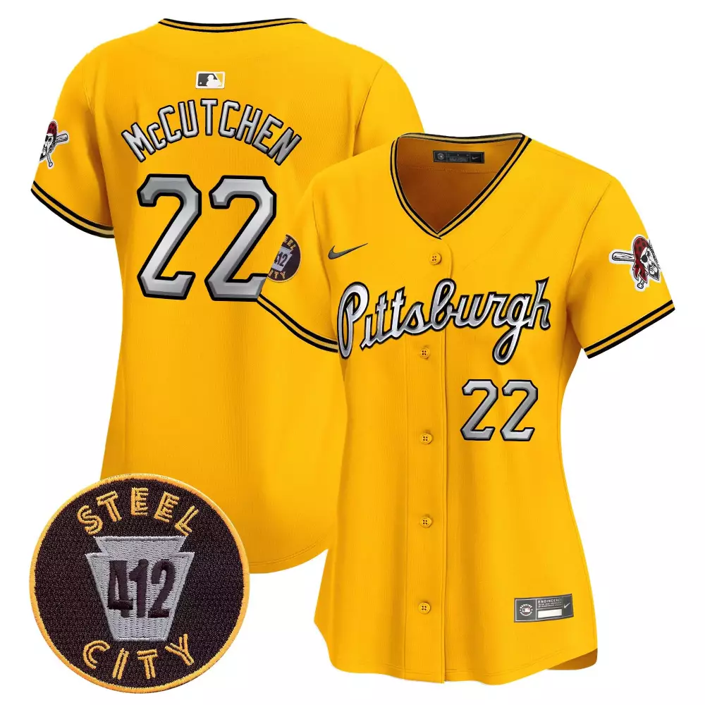 andrew mccutchen gold womens pittsburgh pirates 412 patch vapor premier limited jersey v7 all stitched