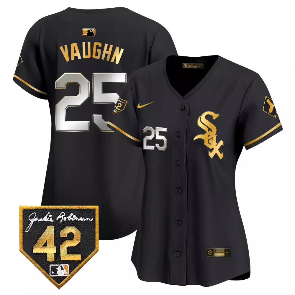 andrew vaughn black gold womens chicago white sox 2024 jackie robinson patch vapor premier limited jersey all stitched
