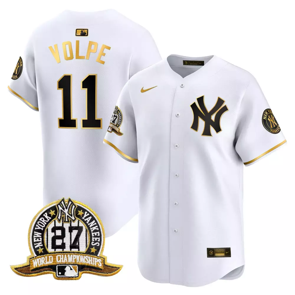 Volpe Yankees 27 Time Champions Patch Jersey | White Gold Vapor Premier Limited Edition | Fan Gear for Men, Women & Youth