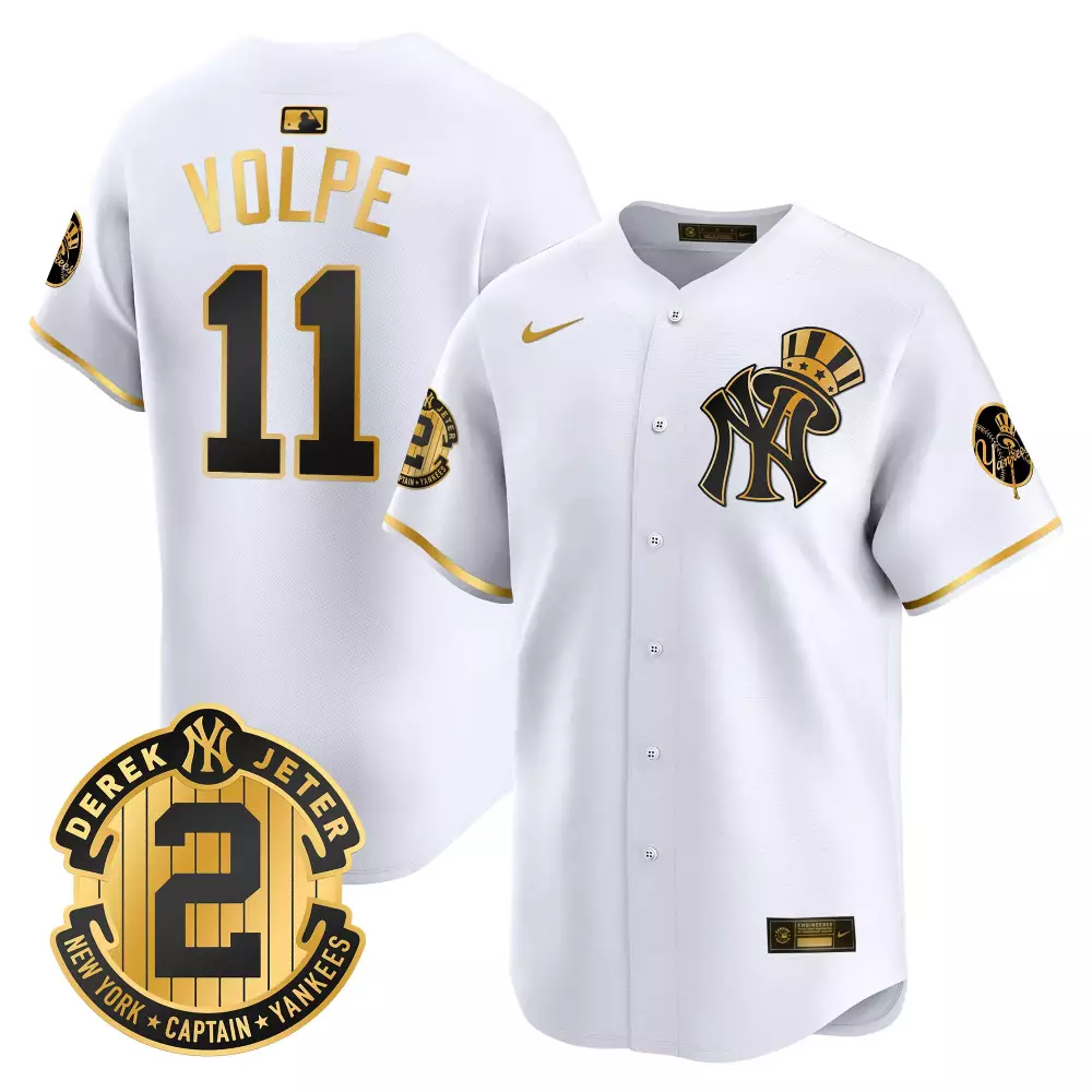 Volpe Yankees Derek Jeter Patch Jersey V2 | White Gold Vapor Premier Limited Edition | Fan Gear for Men, Women & Youth