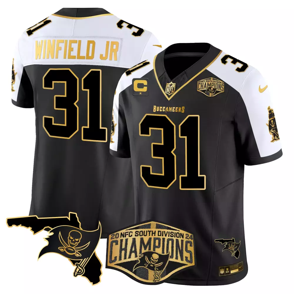 Antoine Winfield Jr. Black Alternate Men's Tampa Bay Buccaneers 2024 NFC South Division Champions Patch Gold Vapor Limited Jersey | Stitched Design | For Men, Women & Youth