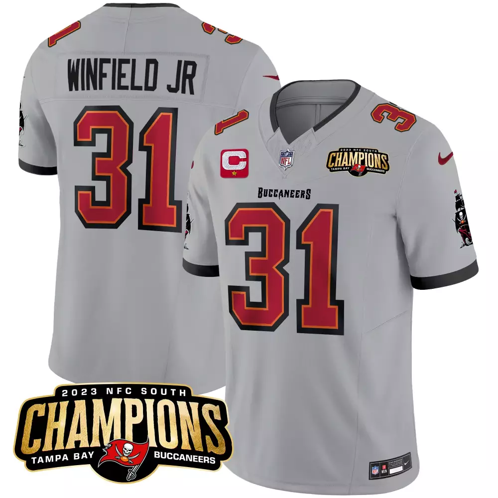Antoine Winfield Jr. Gray Men's Tampa Bay Buccaneers 2023 NFC South Champions Patch Vapor Jersey | All Stitched | For Men, Women & Youth