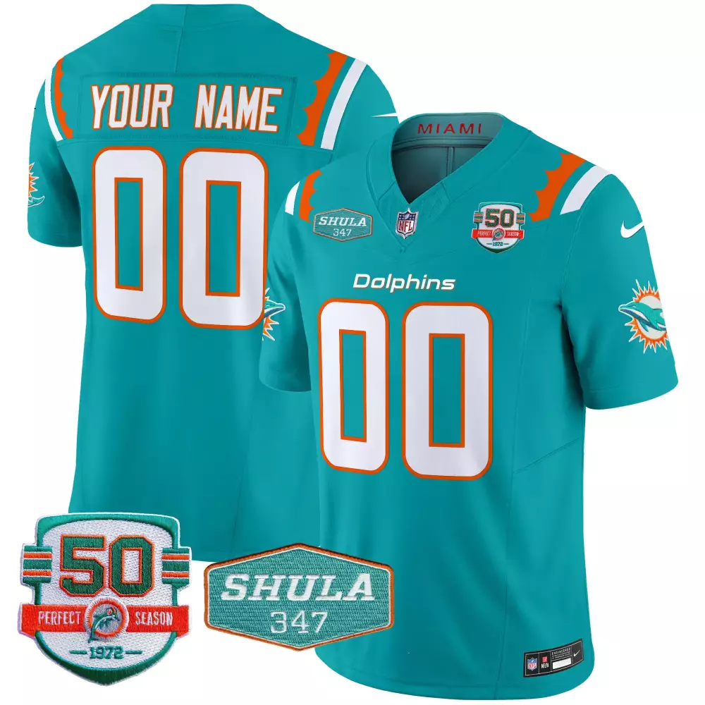 Miami Dolphins Aqua Men's Jersey | 50th Don Shula 347 Memorial Patch | Limited Edition Custom Vapor | For Men, Women & Youth